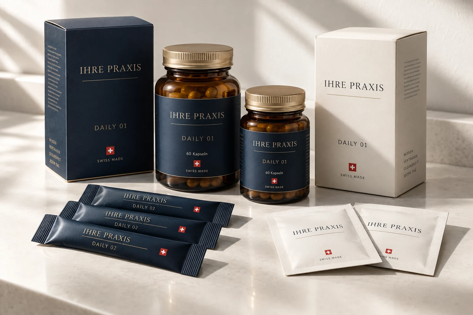Illustrative Produktfamilie mit Navy- und weissen Boxen, Ambergläsern mit Golddeckeln sowie Sticks und Sachets, jeweils mit Ihre Praxis beschriftet.